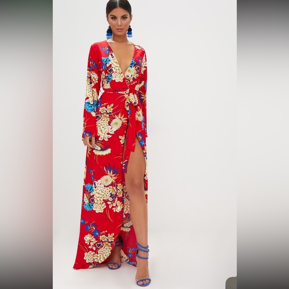 Red Floral Print Kimono Maxi Dress - Picture 1 of 4
